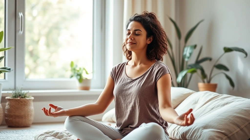 Woman meditating peacefully in a comfortable home setting with soft natural lighting, sitting on cushions near a window, plants visible in background, calm relaxed facial expression