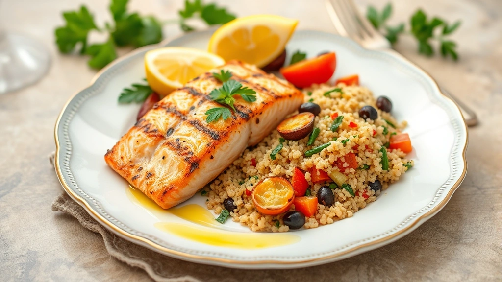 Colorful Mediterranean-style meal with grilled salmon, quinoa, roasted vegetables, olive oil drizzle, fresh lemon on elegant plate