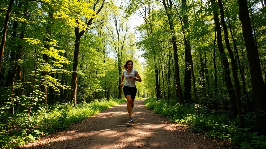 Person jogging on sunny forest trail surrounded by green trees, morning light filtering through canopy, energetic motion