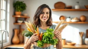 Woman in bright kitchen holding fresh vegetables and whole grains, smiling confidently, natural lighting from window, healthy meal preparation scene