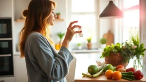 Woman holding a glass of water in a bright, modern kitchen with fresh vegetables on the counter, natural morning sunlight streaming through windows, peaceful and healthy atmosphere
