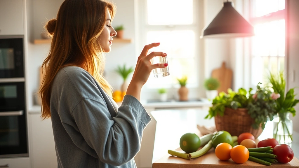 Woman holding a glass of water in a bright, modern kitchen with fresh vegetables on the counter, natural morning sunlight streaming through windows, peaceful and healthy atmosphere