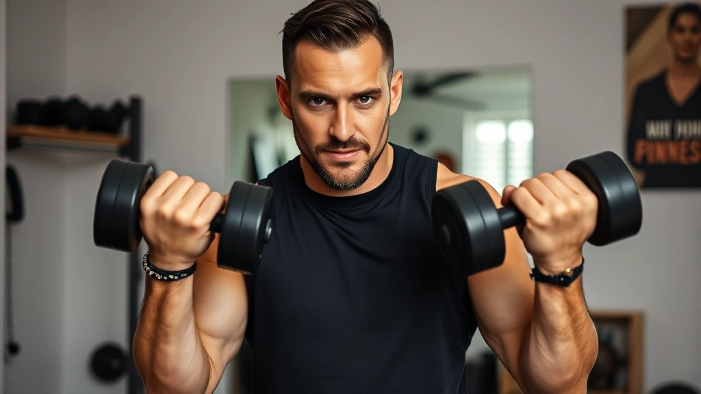 Person performing a resistance training exercise with dumbbells in a home gym setting, focused expression, muscular engagement visible, motivational home fitness environment