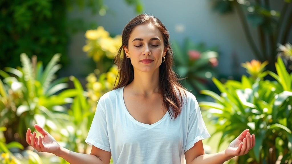 Woman meditating outdoors in a peaceful garden setting with green plants and natural light, serene expression, stress-relief and wellness focused, tranquil background