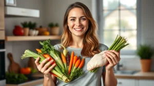 Woman in bright kitchen holding colorful vegetables and fresh chicken breast, natural window lighting, healthy meal preparation, cheerful expression, modern minimalist background