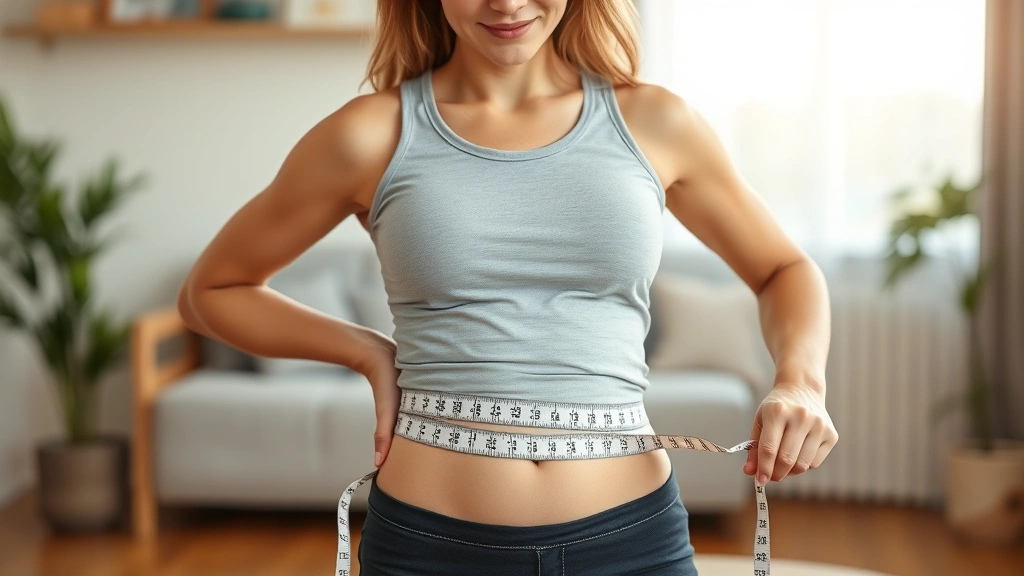 Woman measuring waist with measuring tape, confident expression, modern home environment, health progress tracking moment, morning light, positive body image