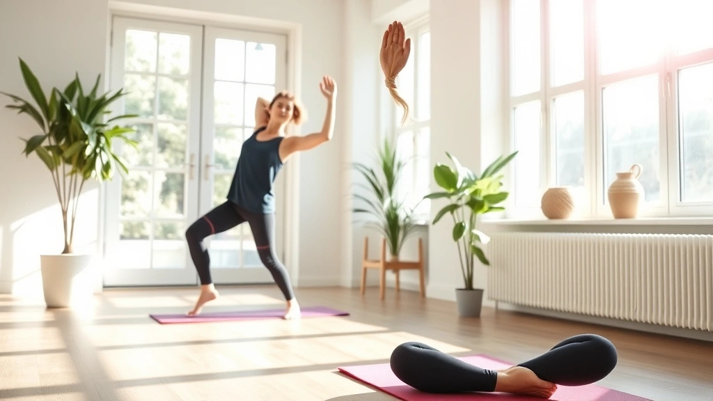 Woman in athletic wear doing morning stretching routine in bright, modern home gym with natural sunlight streaming through windows, energetic and peaceful atmosphere