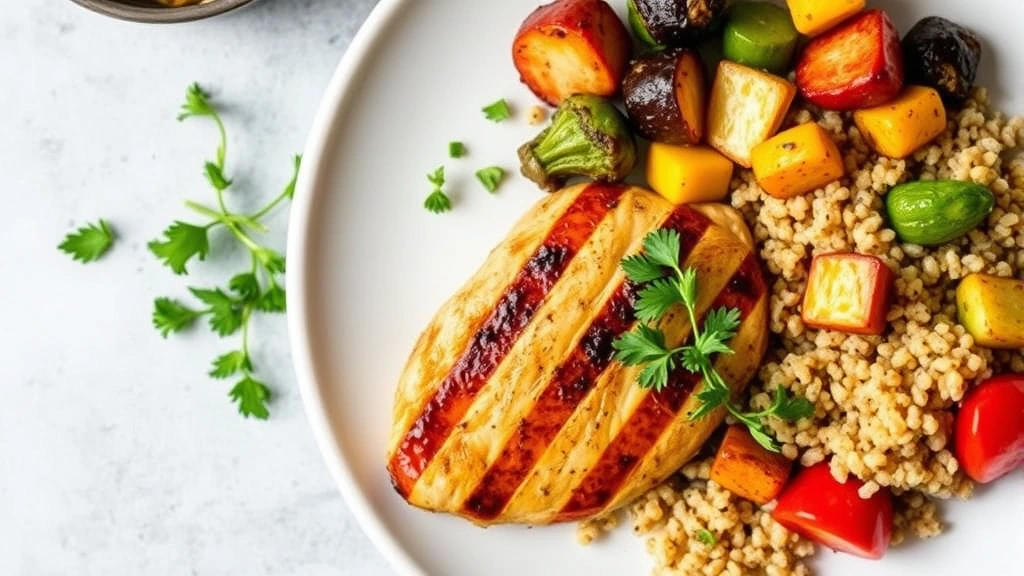 Overhead view of colorful, nutrient-dense meal with grilled chicken breast, roasted vegetables, and quinoa on white plate, fresh herbs garnish, wellness lifestyle aesthetic
