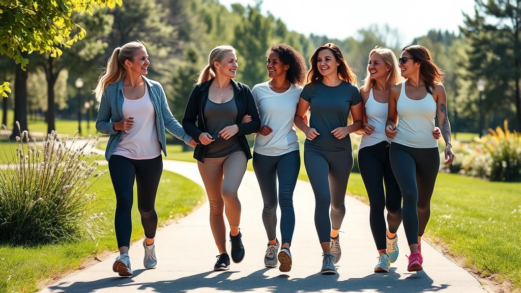 Diverse group of women walking together outdoors on sunny park path, smiling and talking, wearing casual athletic clothes, community and support concept