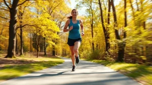 Person jogging outdoors on sunny path surrounded by trees, athletic wear, healthy lifestyle, motion blur suggesting movement, natural lighting