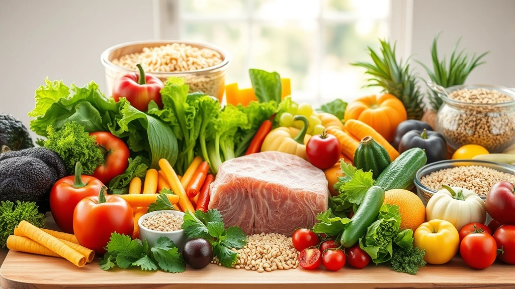 Colorful array of fresh vegetables, lean proteins, whole grains, and fresh fruits arranged on wooden table in bright natural lighting, representing balanced nutrition and healthy eating