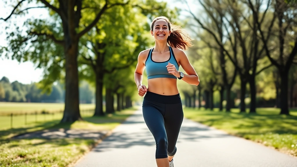 Woman jogging outdoors on sunny day through park path with trees and green landscape, smiling with confidence, wearing athletic gear, embodying health and wellness achievement