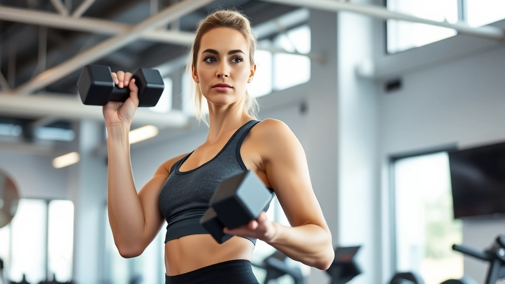 Woman in fitness attire performing strength training with dumbbells in a bright, modern gym setting, focused expression, healthy and energetic appearance, professional lighting