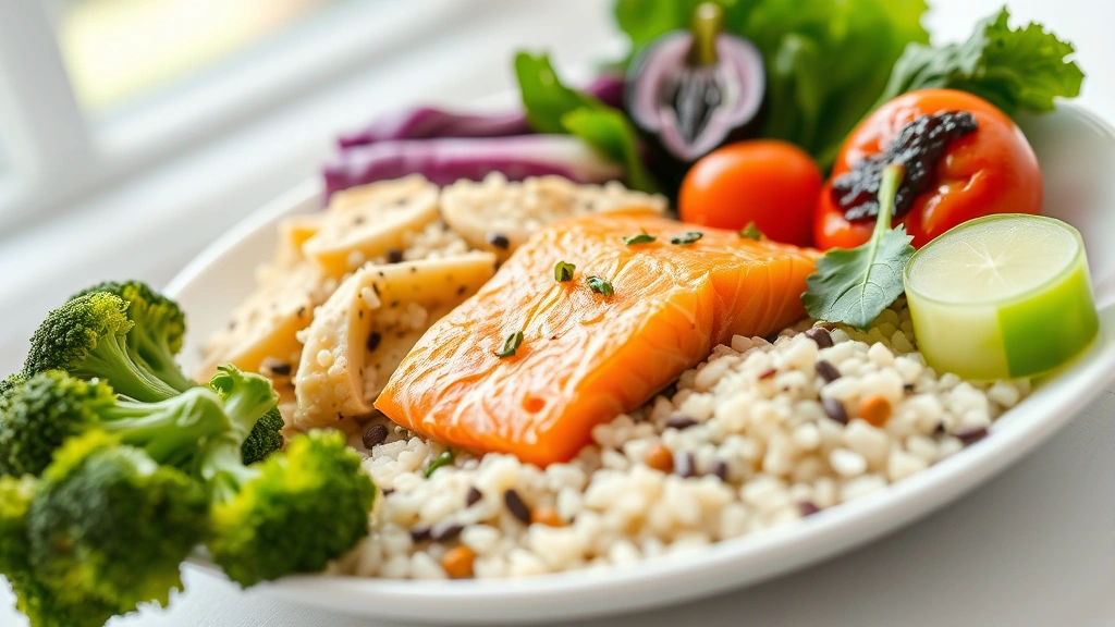 Close-up of fresh, colorful vegetables and lean proteins arranged on a white plate, including broccoli, salmon, quinoa, and leafy greens, natural daylight from window