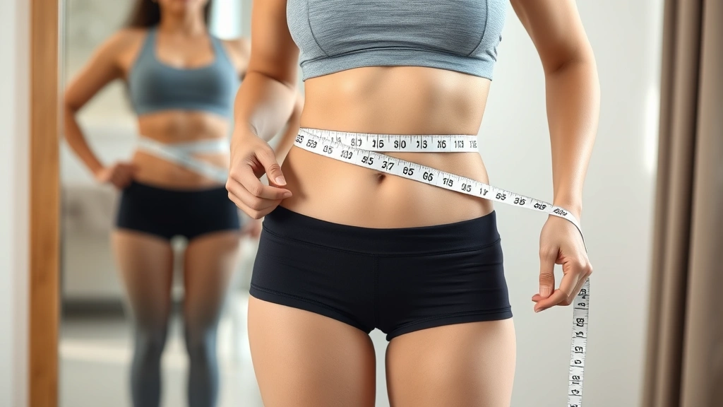 Person measuring waist circumference with a tape measure, wearing comfortable workout clothes, standing in front of a full-length mirror, natural morning light, positive posture