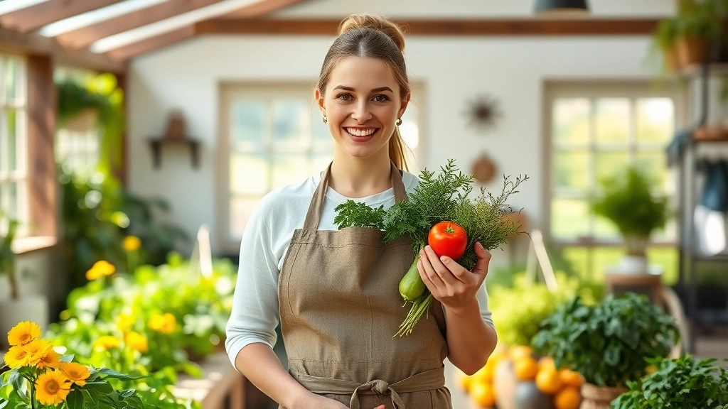 Woman chef in bright kitchen garden wearing apron, holding fresh colorful vegetables and herbs, smiling warmly, natural daylight streaming through windows, rustic farmhouse setting, vibrant greens and yellows
