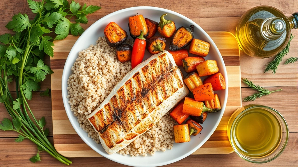 Overhead flat lay of wholesome meal components: grilled fish fillet, roasted vegetables, quinoa, fresh herbs, olive oil, wooden cutting board, natural wooden table, warm afternoon lighting, no text visible