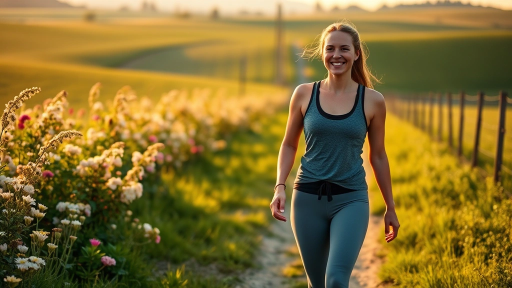 Woman walking outdoors on farm path surrounded by blooming flowers and green fields, wearing casual athletic wear, genuinely smiling, golden hour lighting, peaceful countryside landscape, active lifestyle