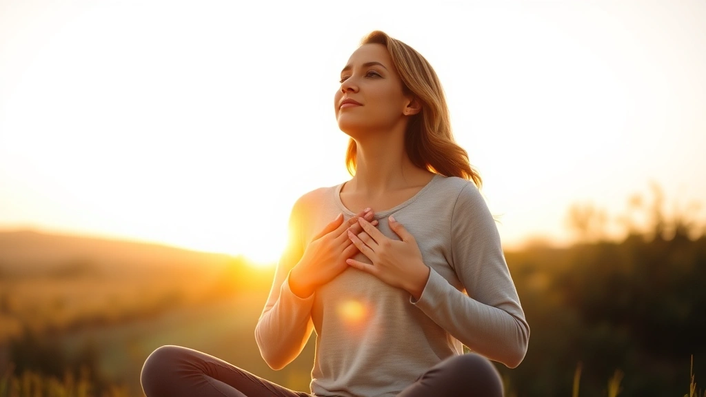 Woman sitting peacefully outdoors at sunrise, hands over heart, serene expression, natural lighting, healthy glow, motivational wellness setting