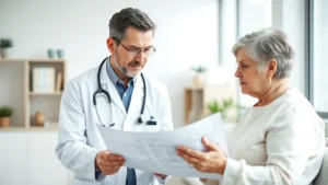 Healthcare professional reviewing medical charts with patient during consultation about weight management medication, bright clinical setting, both appear focused and engaged