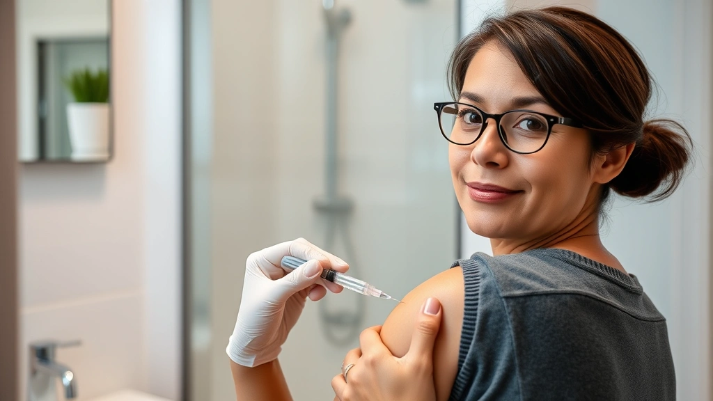 Person self-administering weekly injection in home setting, clean bathroom environment, calm and confident expression, modern medication pen visible