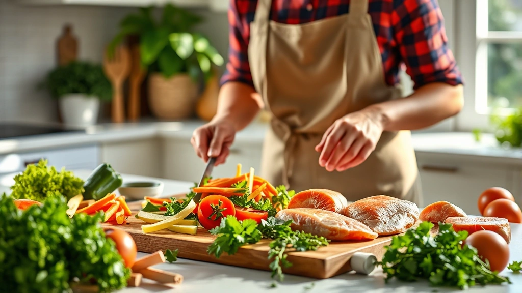 Person preparing fresh vegetables and lean proteins in a bright kitchen, chopping colorful vegetables on a cutting board with fresh herbs and whole foods visible, natural morning light streaming through windows, healthy meal preparation scene