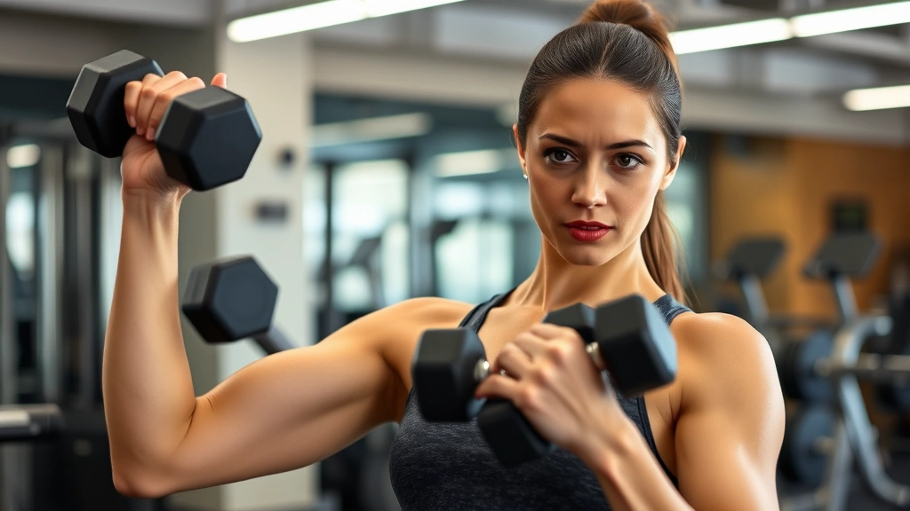 Woman doing strength training with dumbbells in a modern gym, focused expression, performing a bicep curl or shoulder press, professional fitness environment with other gym equipment visible in background