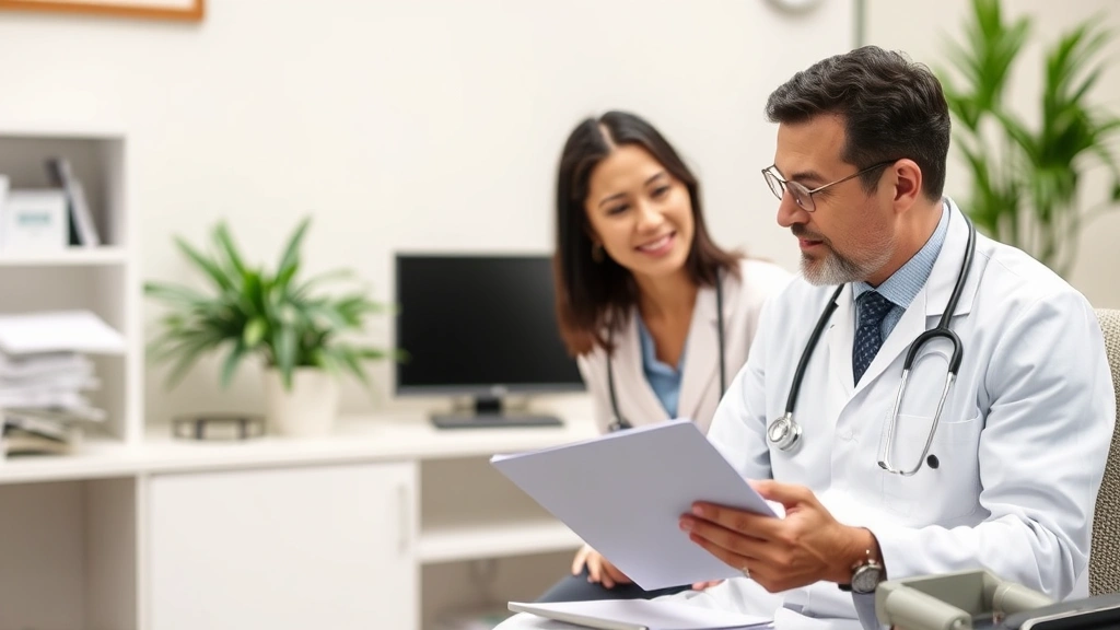 Healthcare provider consulting with patient during medical appointment, doctor reviewing notes with patient in clinical office setting, professional health discussion, both appearing engaged and positive