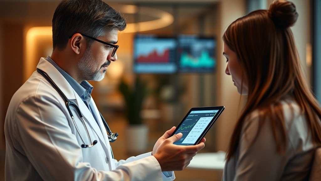Professional healthcare setting with doctor reviewing patient progress on digital tablet, warm lighting, focused on medical consultation atmosphere, no visible numbers or text