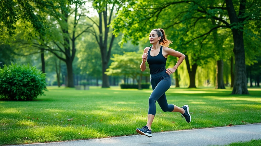Woman jogging through park with natural green background, energetic movement, morning light, healthy athletic lifestyle visualization, peaceful outdoor environment