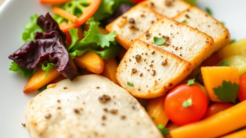 Close-up of colorful fresh vegetables and lean protein on white plate, appetizing presentation, natural lighting highlighting food quality and variety, wellness-focused meal composition