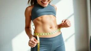 Woman measuring waist with measuring tape, smiling confidently, bright natural lighting, modern minimalist background, healthy athletic appearance, close-up of midsection