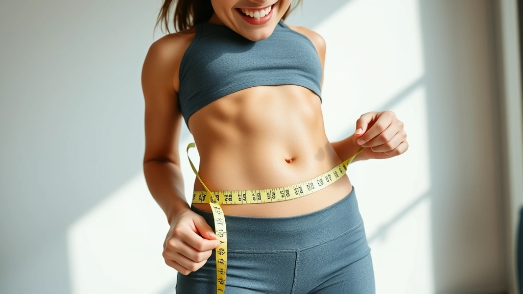 Woman measuring waist with measuring tape, smiling confidently, bright natural lighting, modern minimalist background, healthy athletic appearance, close-up of midsection
