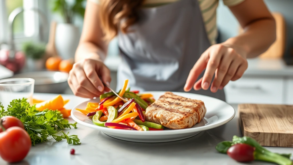 Person preparing colorful vegetables and lean protein on white plate, kitchen setting, natural window lighting, vibrant fresh ingredients, demonstrating balanced nutrition preparation