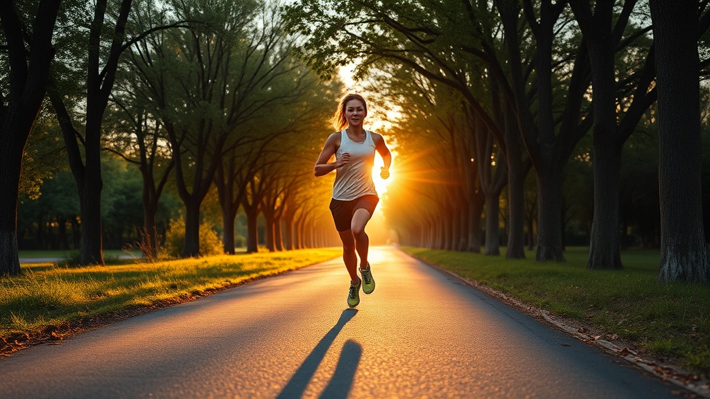 Active individual jogging outdoors on tree-lined path during golden hour, athletic wear, energetic posture, natural outdoor wellness environment, showing vitality and fitness