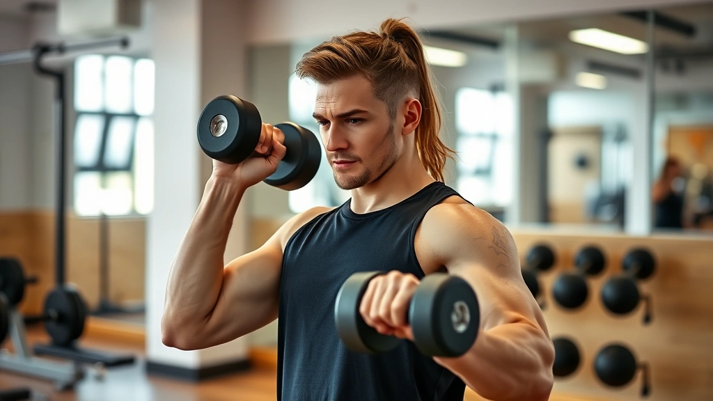 Person performing dumbbell strength training exercise in contemporary gym with mirrors and wooden flooring, focused expression, athletic wear
