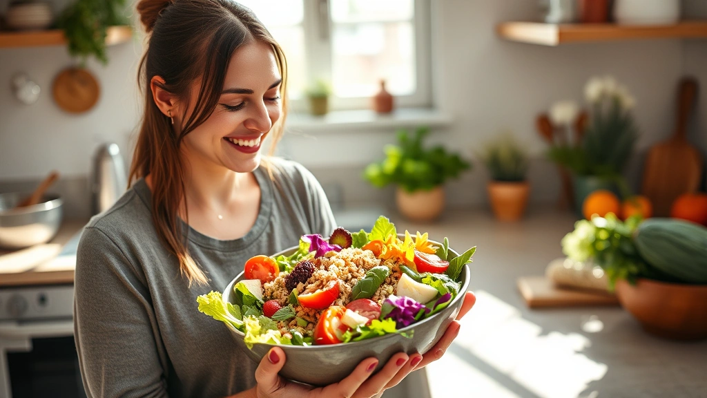 Woman enjoying vibrant salad bowl with fresh vegetables, grains, and protein in sunny kitchen, wholesome meal preparation scene, natural ingredients visible
