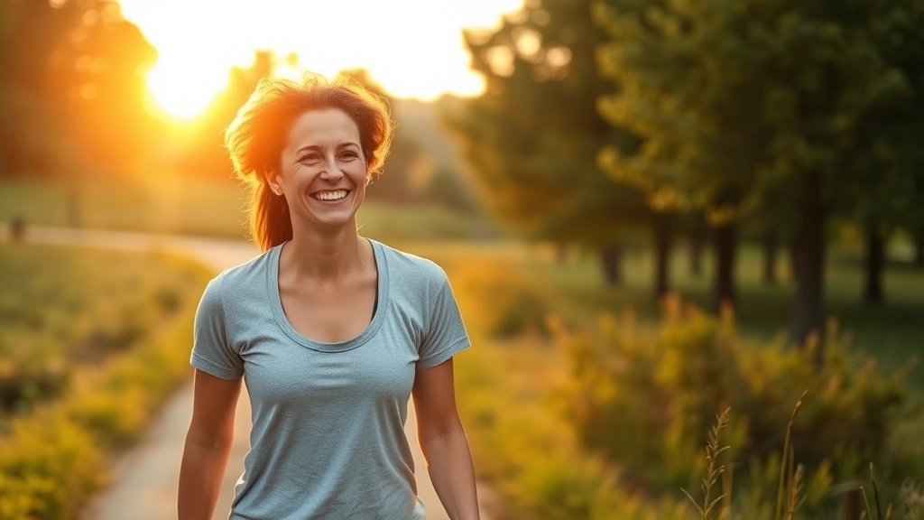 Person walking outdoors in nature during golden hour, smiling with relaxed posture, wearing casual athletic clothing, surrounded by trees and green landscape, natural lighting, wellness-focused