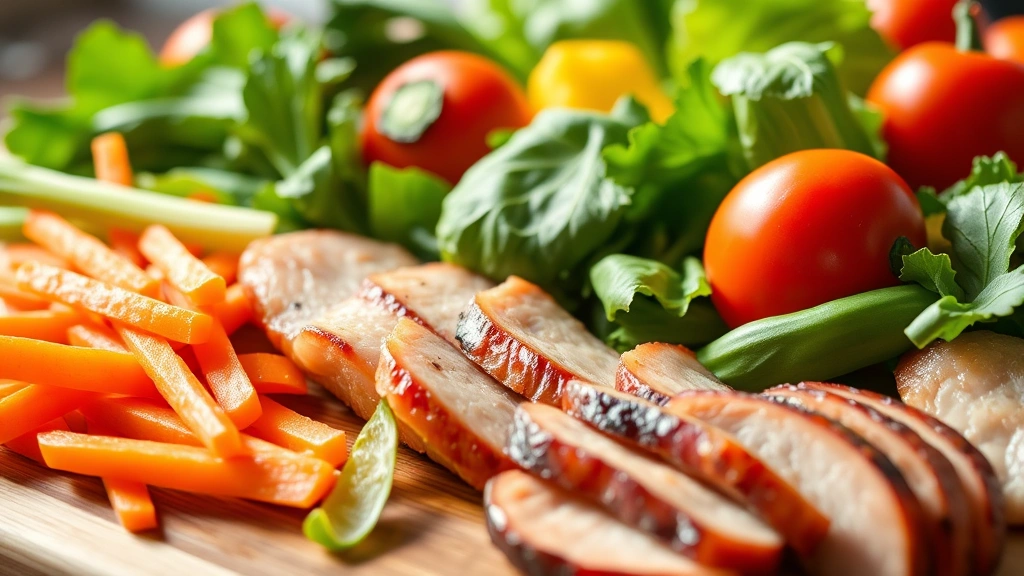 Close-up of colorful fresh vegetables and lean proteins on a wooden cutting board, bright natural light, vibrant colors including greens and oranges, healthy meal preparation setup
