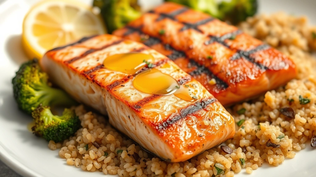 Close-up of fresh grilled salmon fillet with roasted broccoli florets and quinoa on a white plate, garnished with lemon slice and olive oil drizzle, natural daylight photography