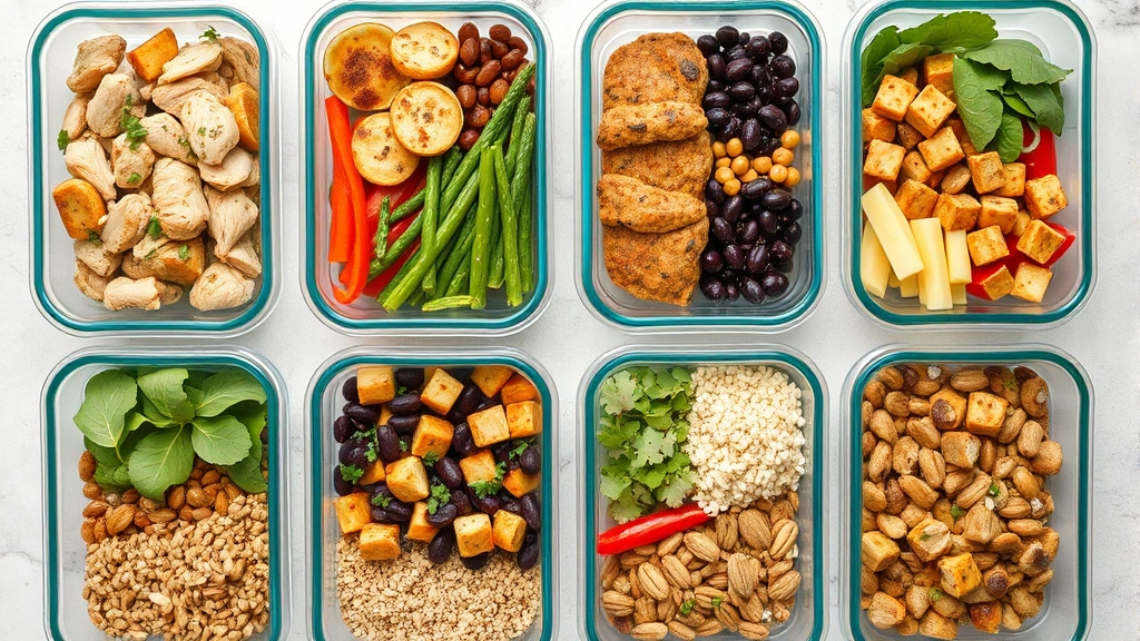 Overhead view of colorful meal prep containers with diverse proteins including chicken, legumes, and tofu alongside fresh vegetables, whole grains, and nuts arranged neatly