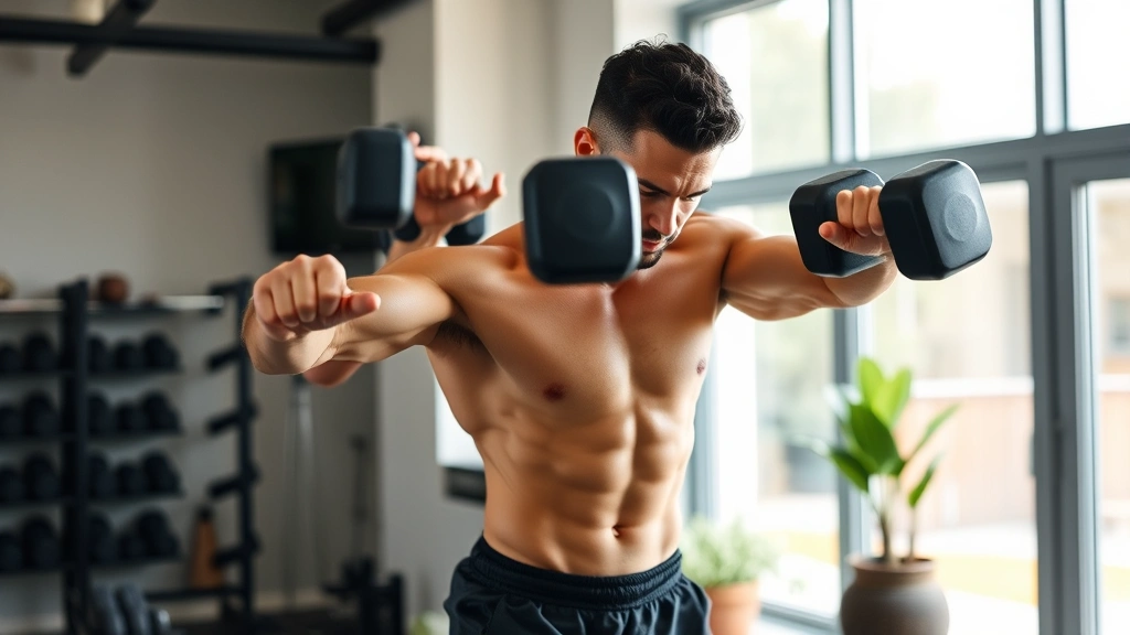 Active adult performing dumbbell exercise in modern home gym setting with natural light, showing proper form and engagement, fit physique visible