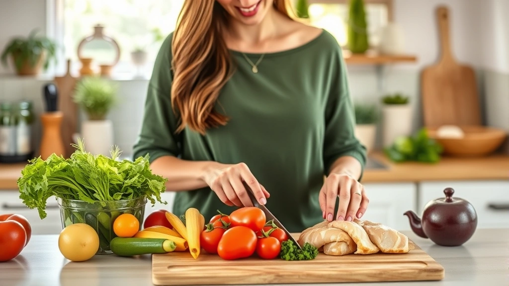 Woman in bright kitchen preparing fresh colorful vegetables and lean protein on wooden cutting board, natural lighting, healthy meal preparation