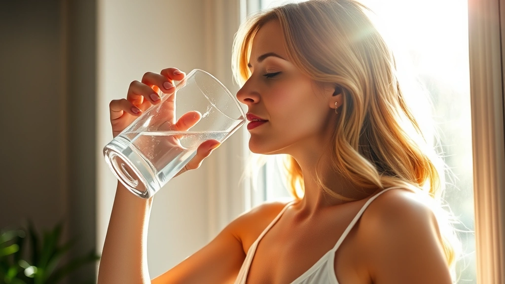 Woman drinking water from glass by window, peaceful expression, sunlight streaming in, wellness and hydration focus, serene home setting