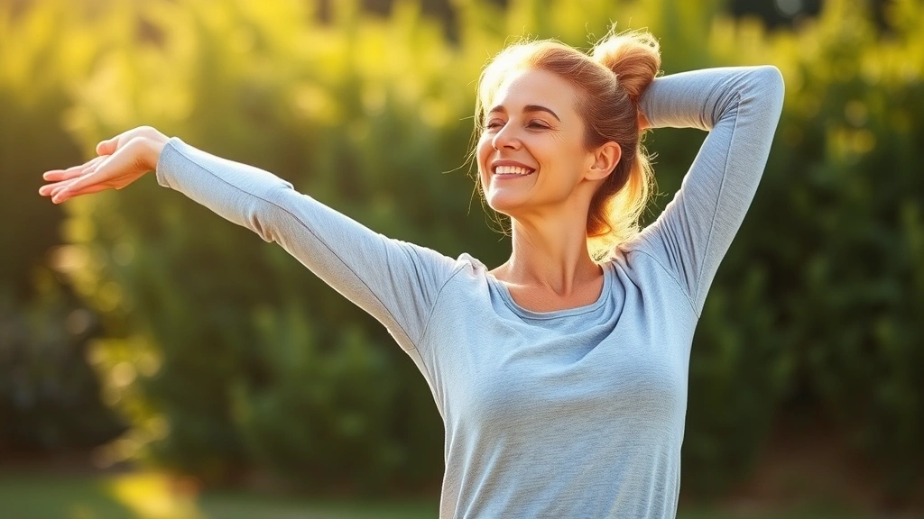 Woman in comfortable activewear stretching outdoors with morning sunlight, peaceful expression, greenery background