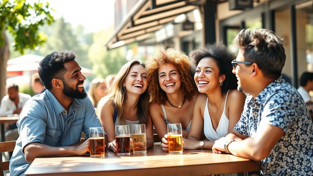Group of diverse friends laughing together at outdoor café, natural sunlight, joyful moment, casual clothing