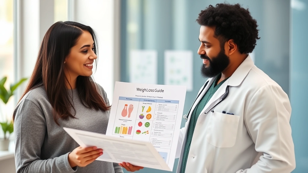 A physician in a white coat reviewing weight loss progress charts with a patient in a bright, modern clinic setting. The doctor is pointing to a healthy eating guide while the patient appears engaged and hopeful about sustainable weight management strategies.