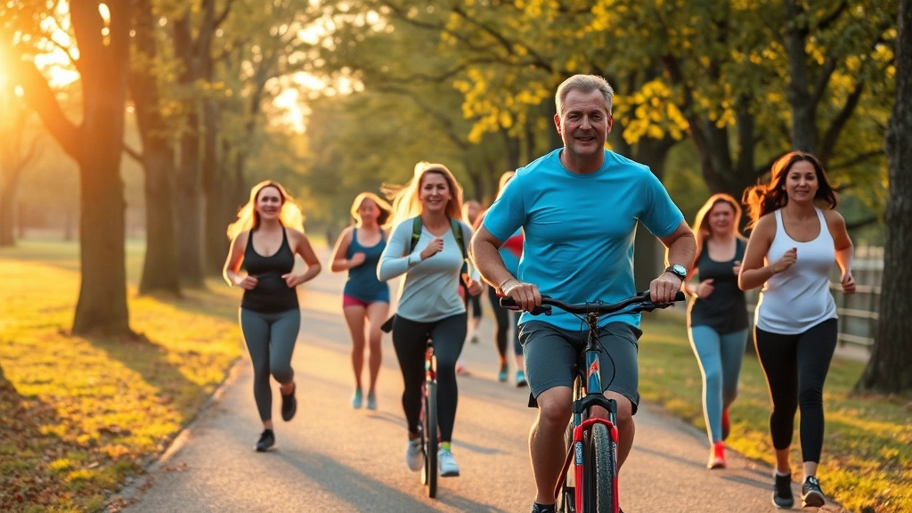 A diverse group of people exercising outdoors in a park during golden hour sunlight. They are doing aerobic activities like jogging, cycling, and walking on a tree-lined path, representing healthy, evidence-based weight loss approaches without pharmaceutical interventions.
