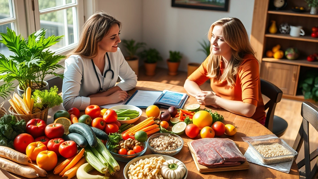 A registered dietitian consulting with a client at a wooden table surrounded by colorful fresh vegetables, fruits, whole grains, and lean proteins. Natural lighting from a window shows healthy meal planning materials and a positive healthcare interaction focused on nutrition-based weight management.