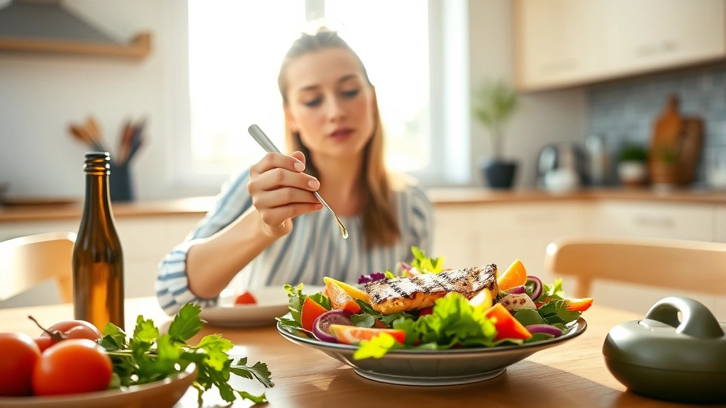 Woman eating a colorful salad with fresh vegetables, grilled chicken, and olive oil dressing at a bright kitchen table, natural sunlight streaming through windows